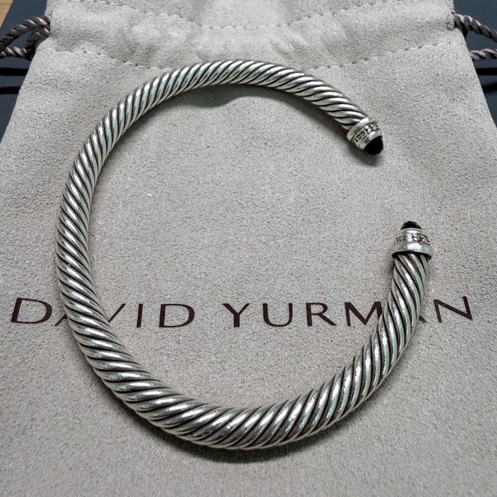 David Yurman 925 Silver Cable Bracelet with Black onyx and diamonds 4mm